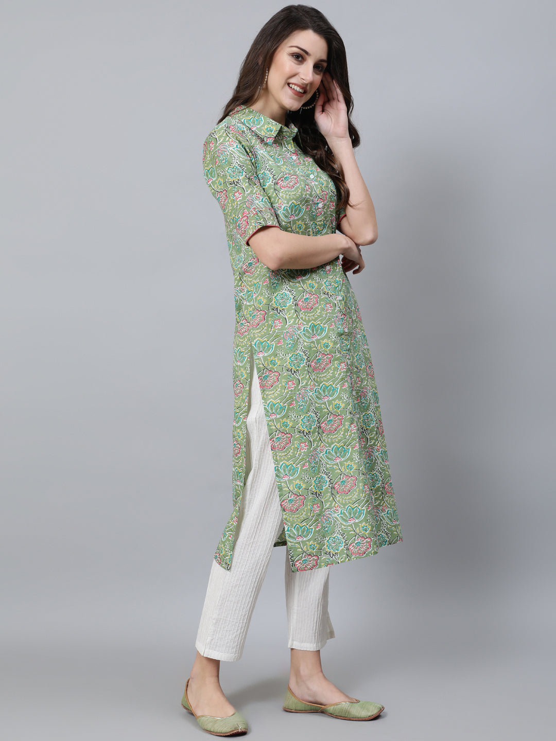 Green Floral Print Button Down Kurta