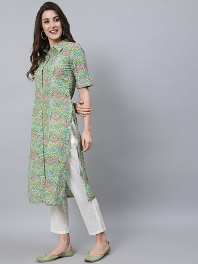 Green Floral Print Button Down Kurta