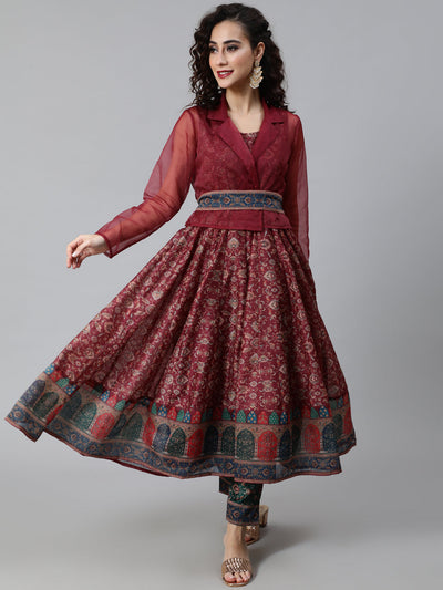 Burgundy Print Anarkali With Jacket