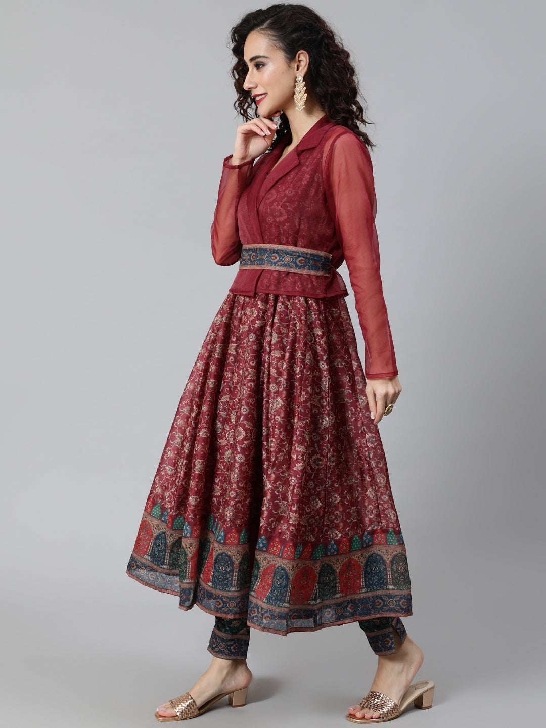 Burgundy Print Anarkali With Jacket