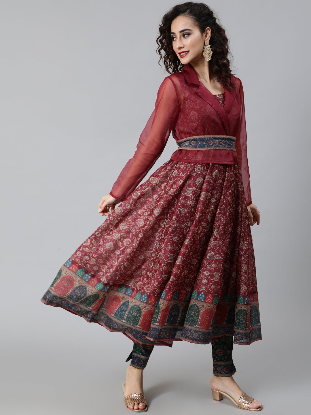 Burgundy Print Anarkali With Jacket