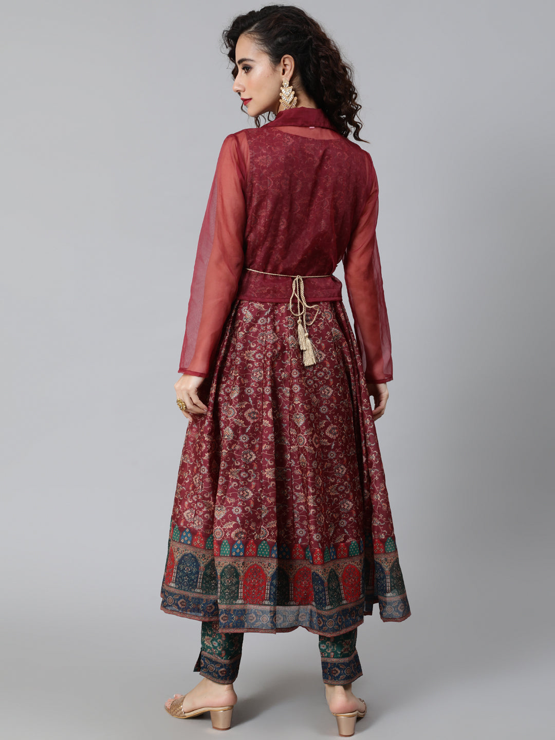 Burgundy Print Anarkali With Jacket