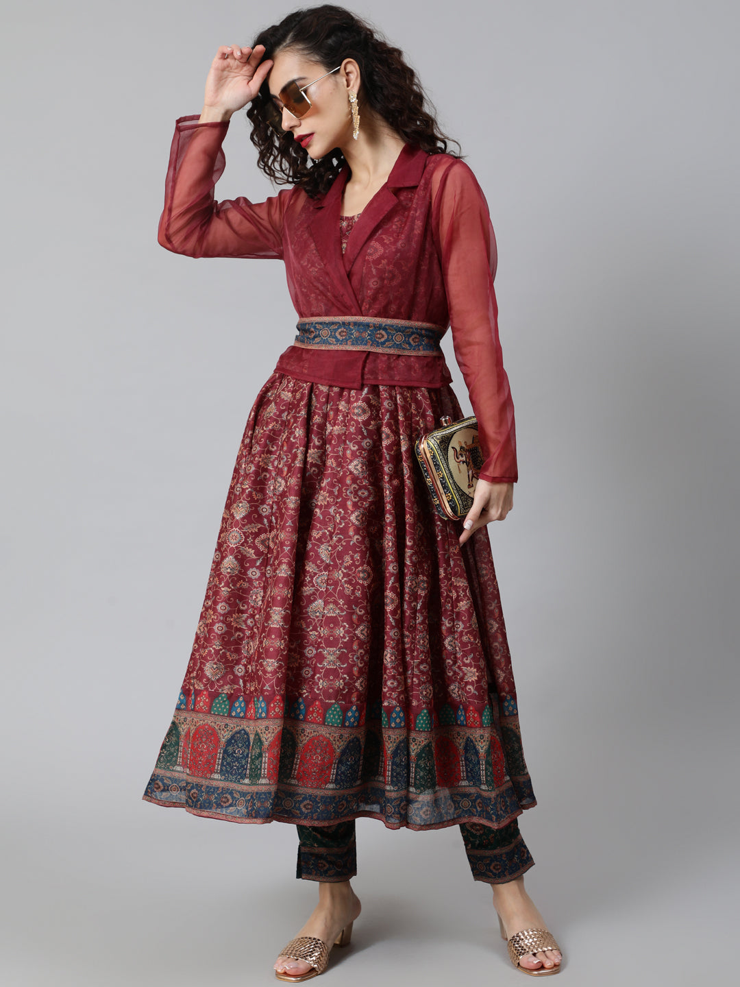 Burgundy Print Anarkali With Jacket