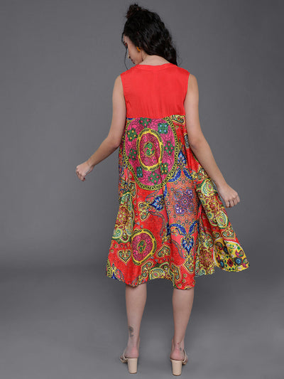 Red & Blue Printed A-Line Dress