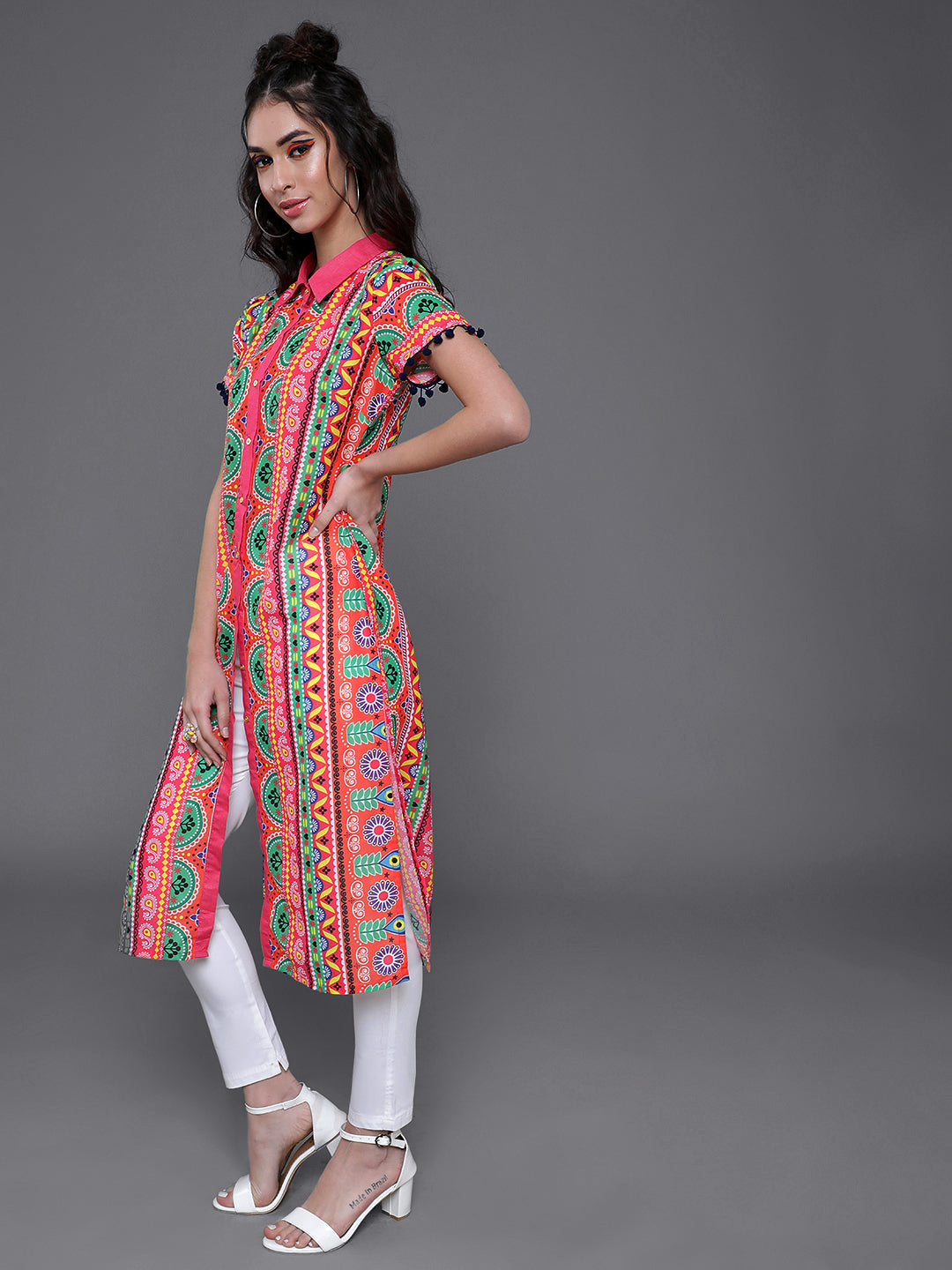 Multicolor Floral Print Button Down Kurta