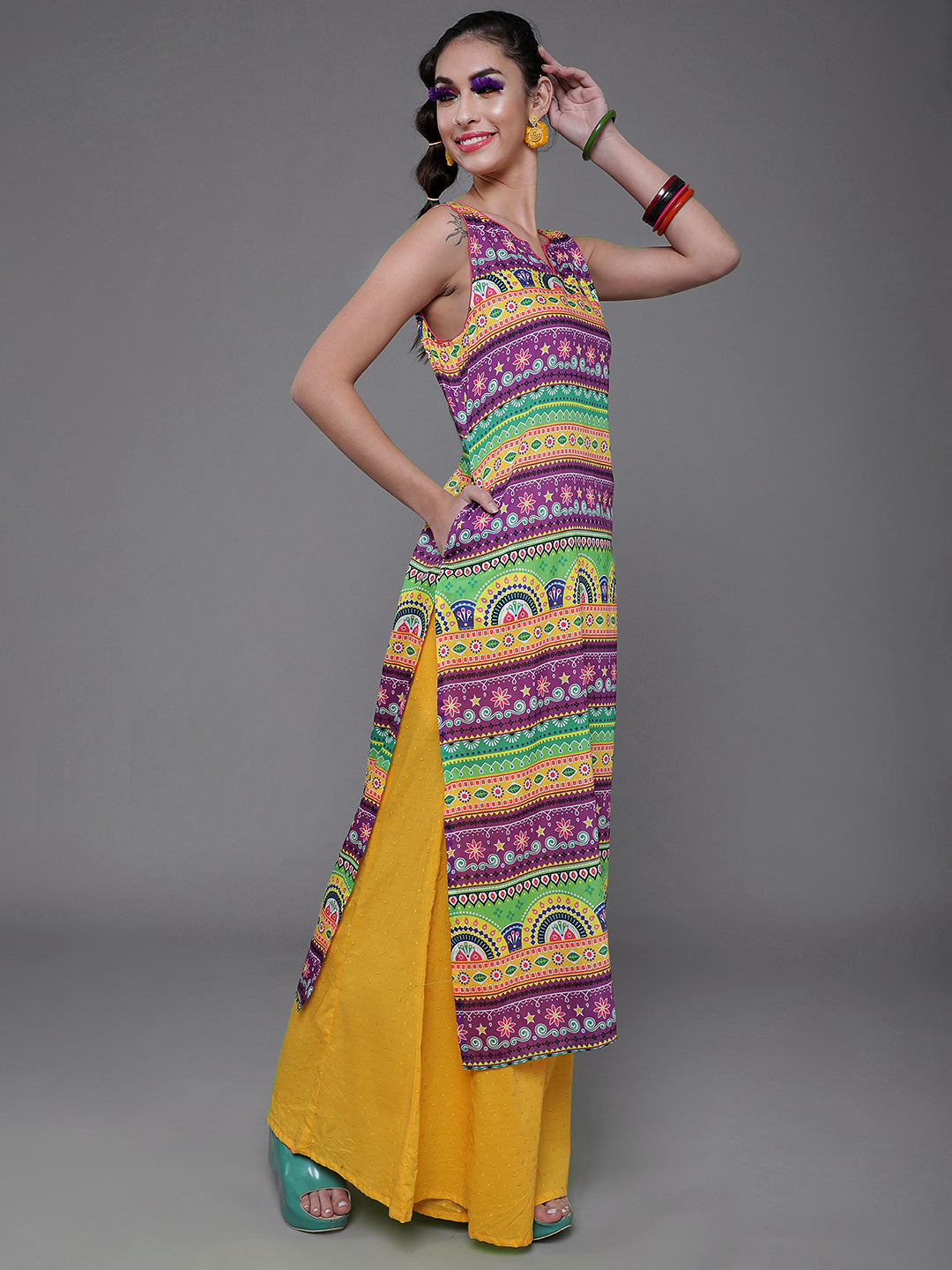 Purple & Yellow Printed Kurta