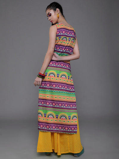 Purple & Yellow Printed Kurta