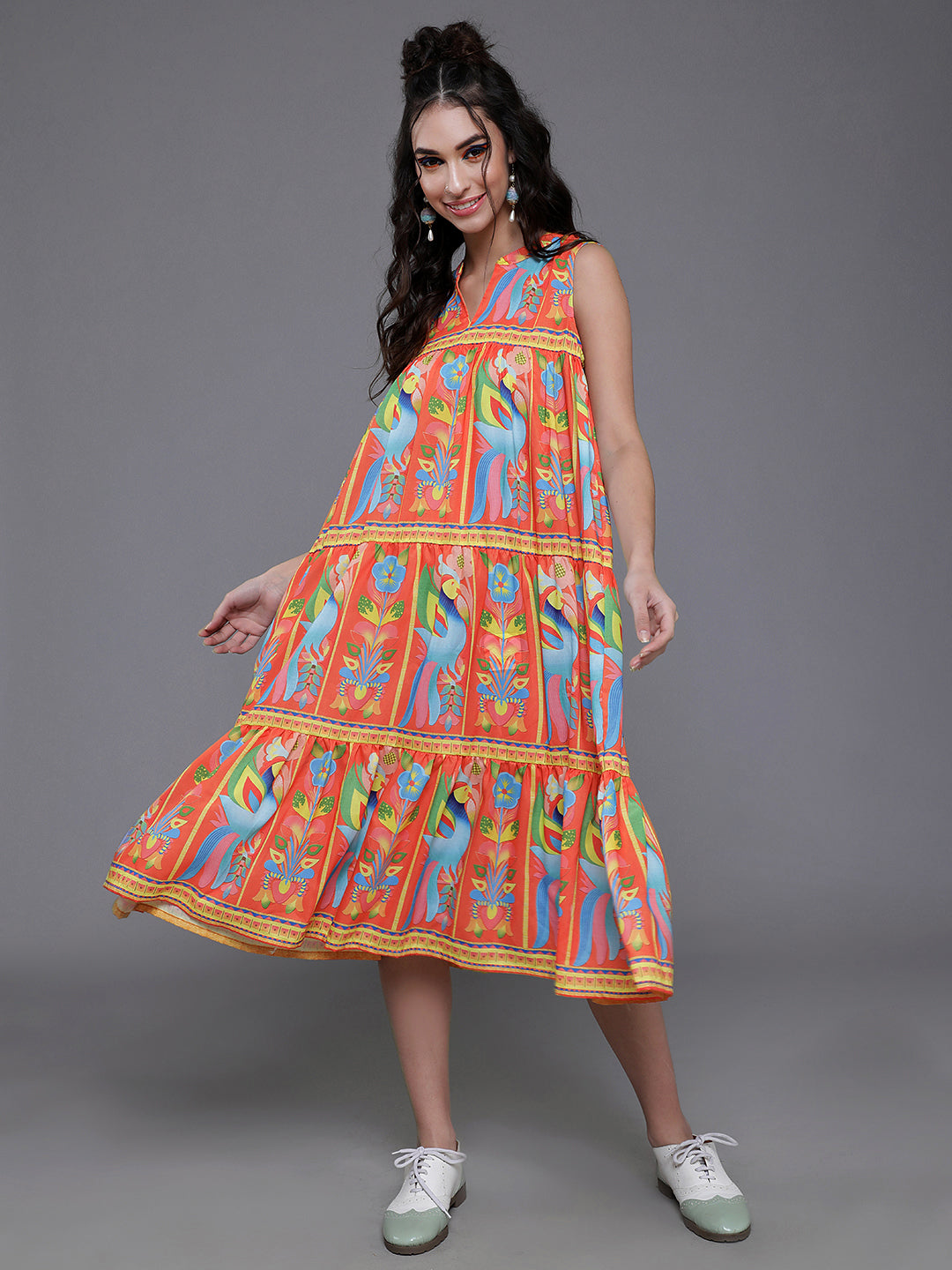 Orange Printed Tiered Midi Dress