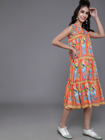Orange Printed Tiered Midi Dress