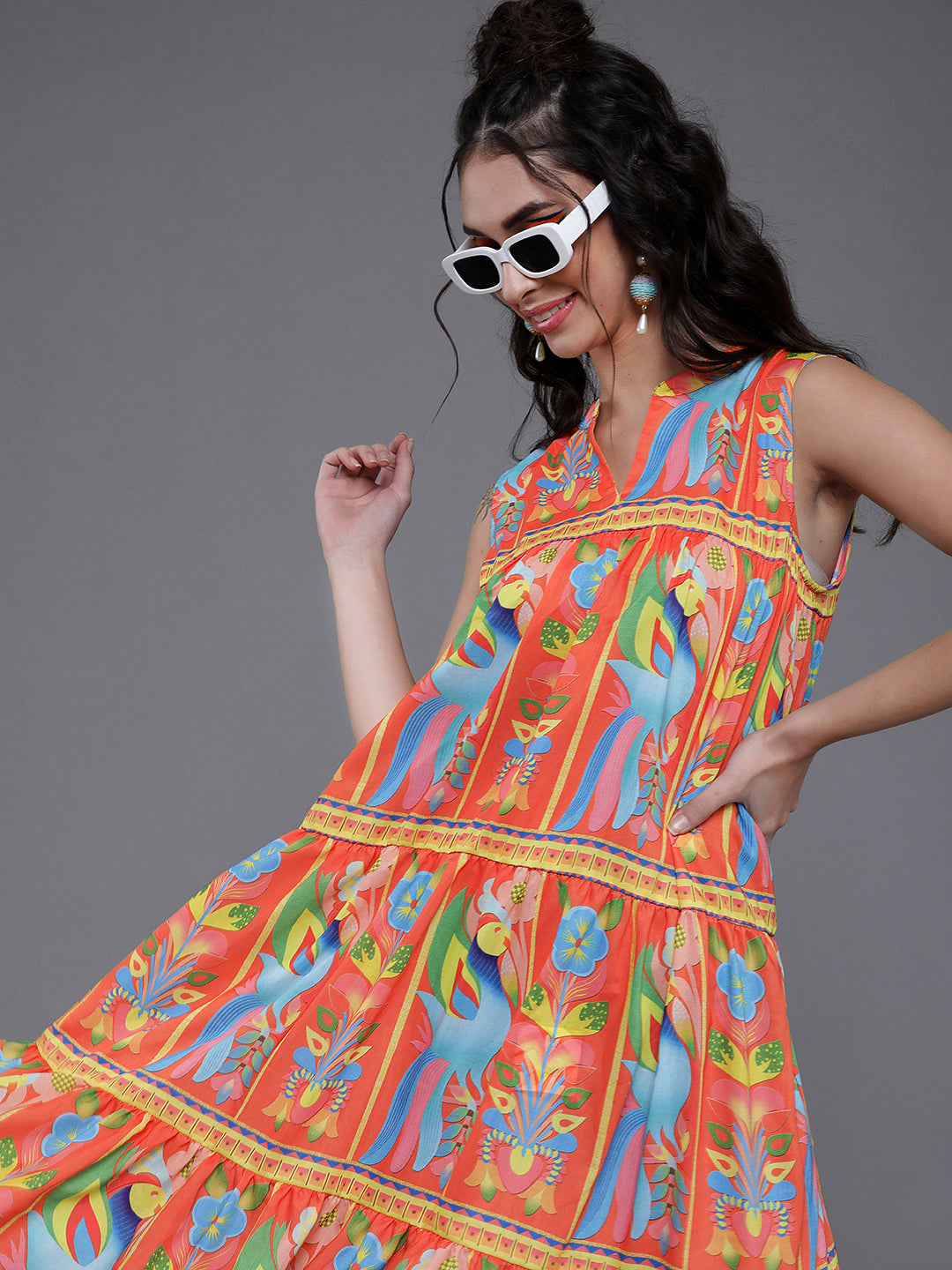 Orange Printed Tiered Midi Dress