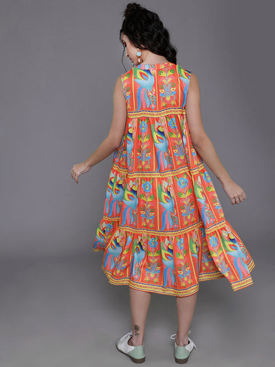 Orange Printed Tiered Midi Dress