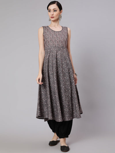 Grey & Black Floral Print Anarkali