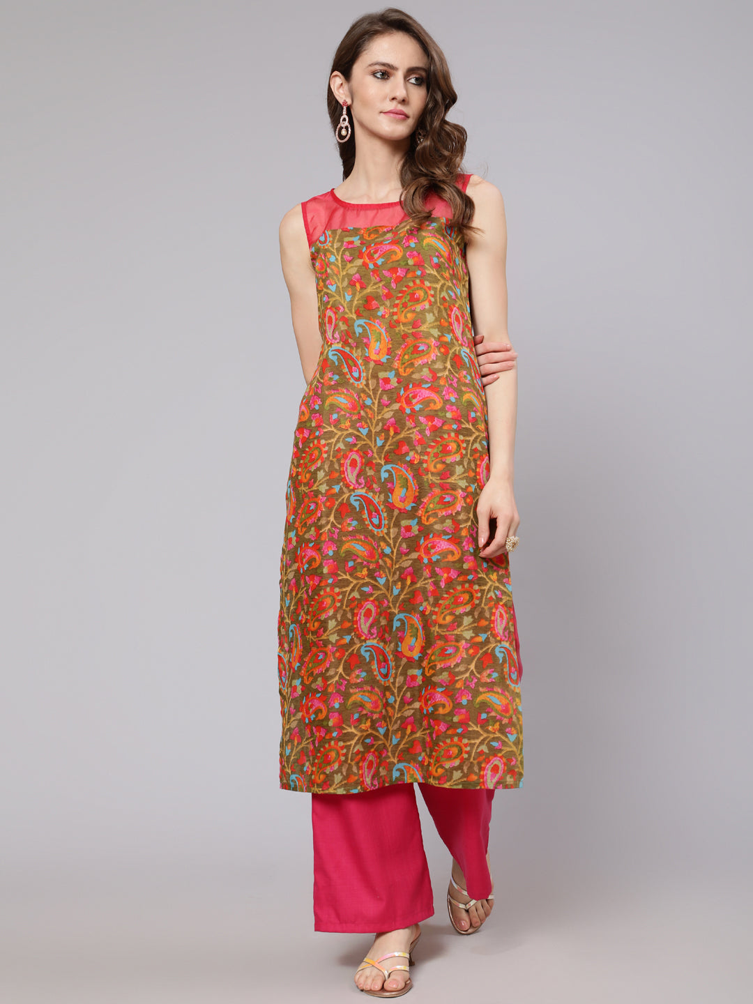 Olive & Pink Leaf Print Kurta