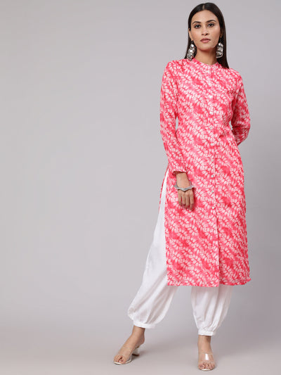 Pink & White Printed Button Down Kurta