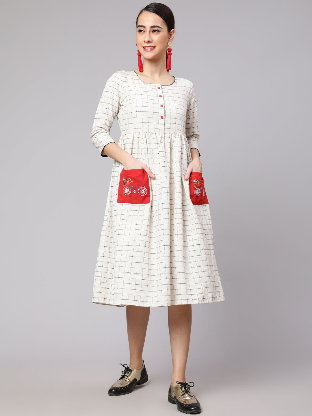 White Checked Dress With Embroidered Pockets