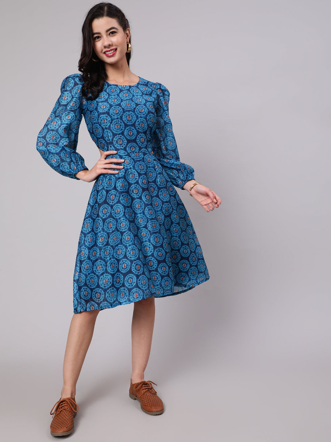Mother Daughter Combo-Blue Printed Cut-Out Skater Dress