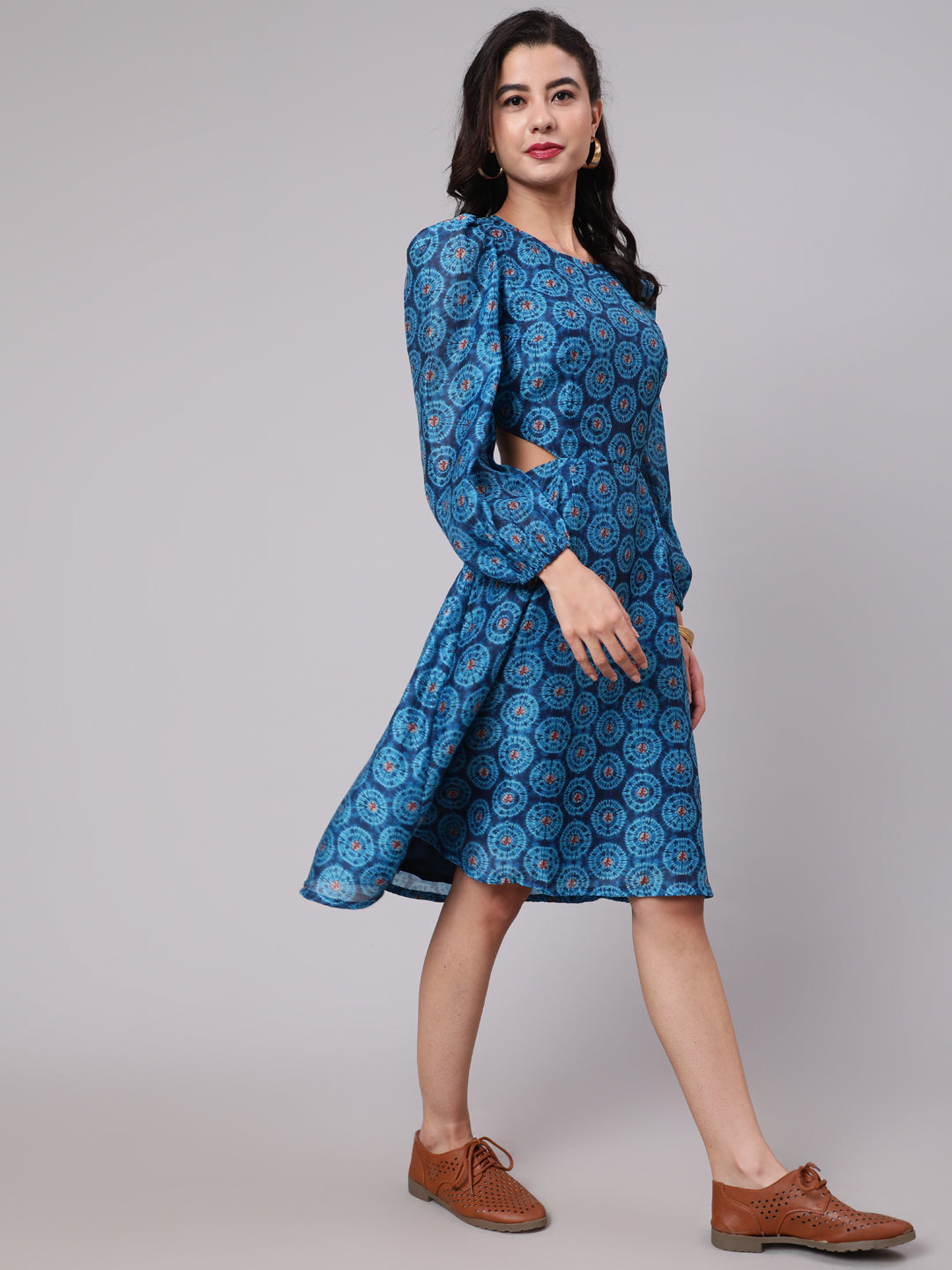 Mother Daughter Combo-Blue Printed Cut-Out Skater Dress