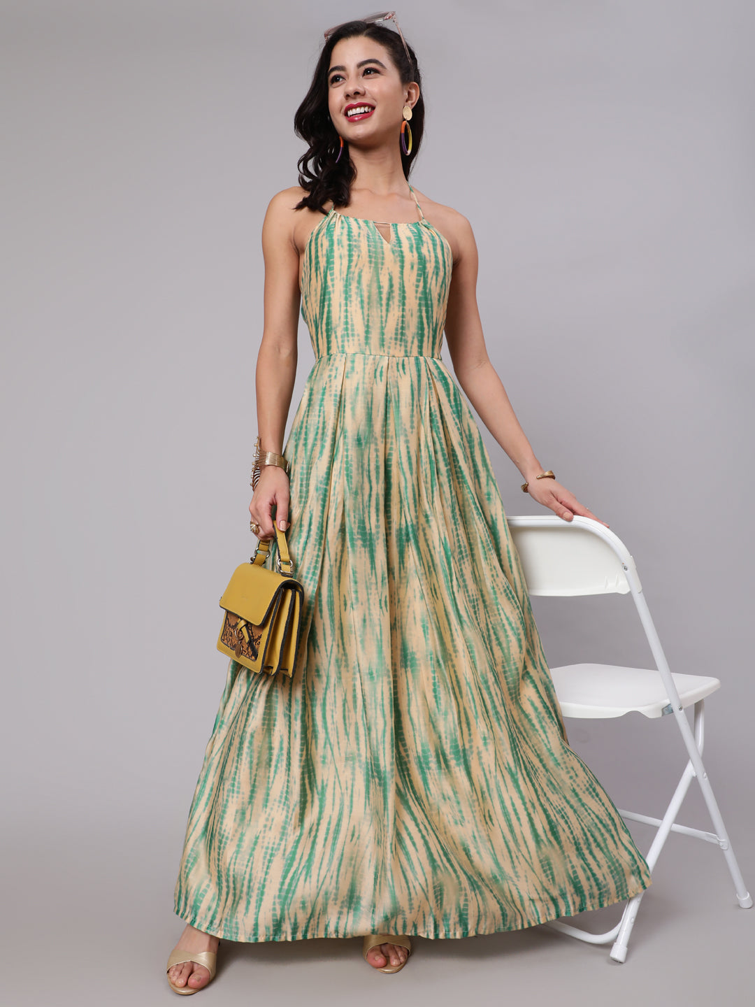 Cream & Green Shibori Print Flared Maxi Dress