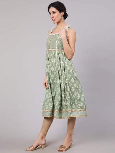 Pastel Green Printed Anarkali With Lace Details