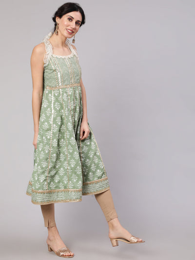 Pastel Green Printed Anarkali With Lace Details