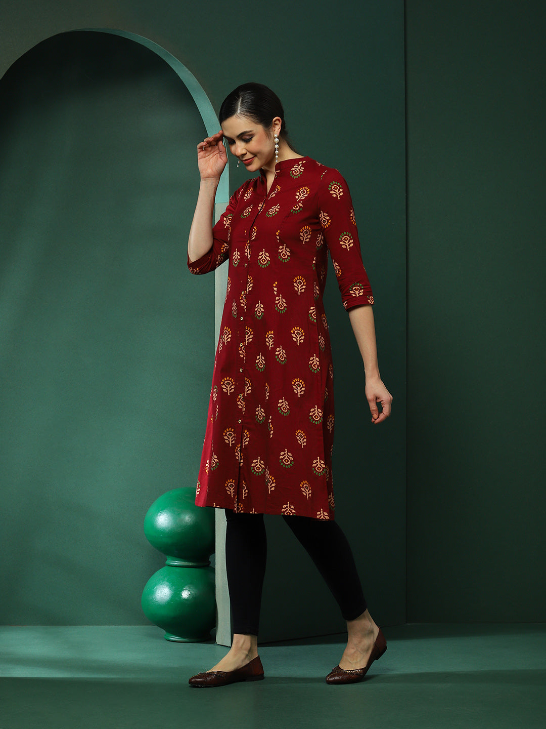 Maroon Floral Print Button Down Kurta