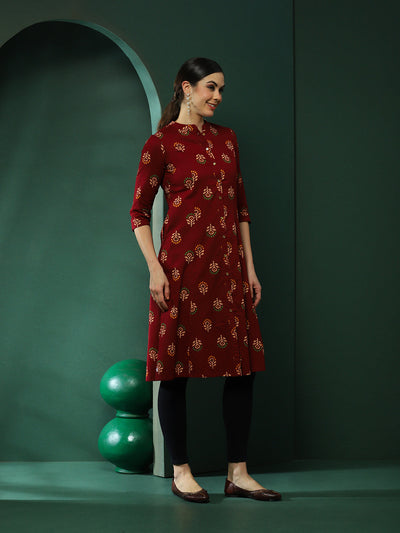 Maroon Floral Print Button Down Kurta