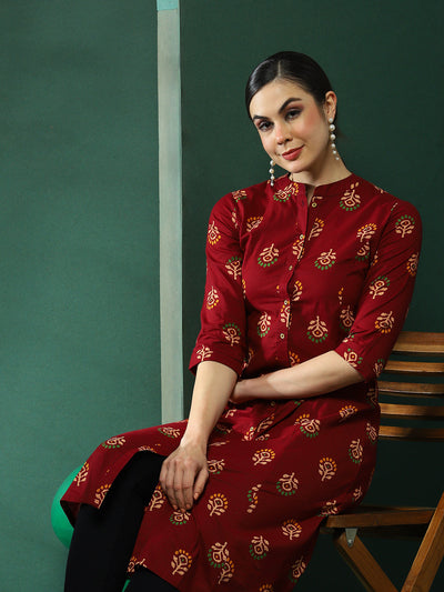 Maroon Floral Print Button Down Kurta