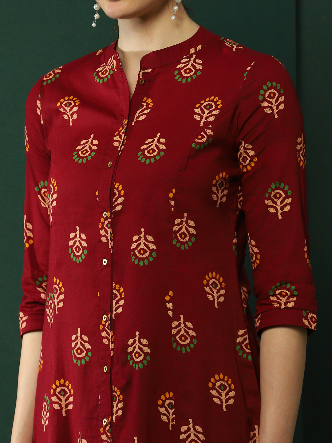 Maroon Floral Print Button Down Kurta