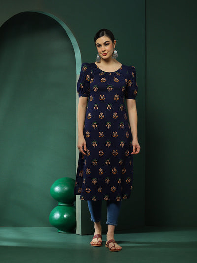 Navy Blue Floral Print Kurta