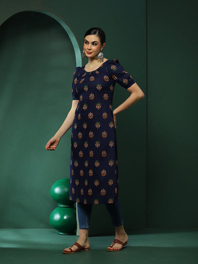 Navy Blue Floral Print Kurta