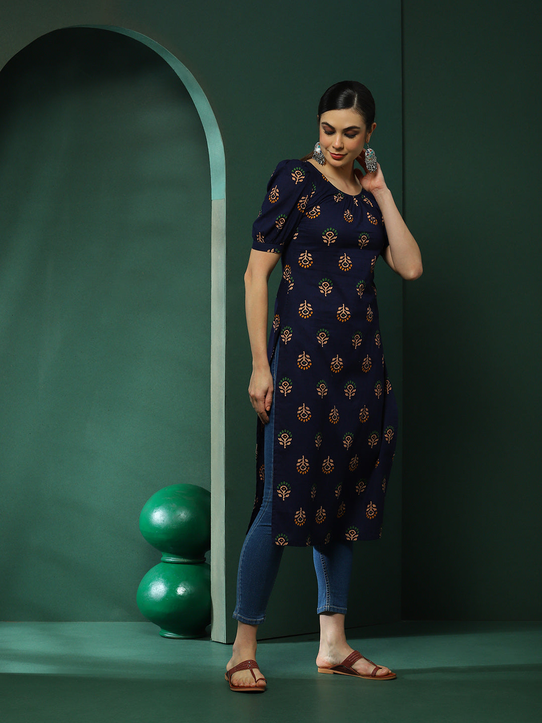 Navy Blue Floral Print Kurta