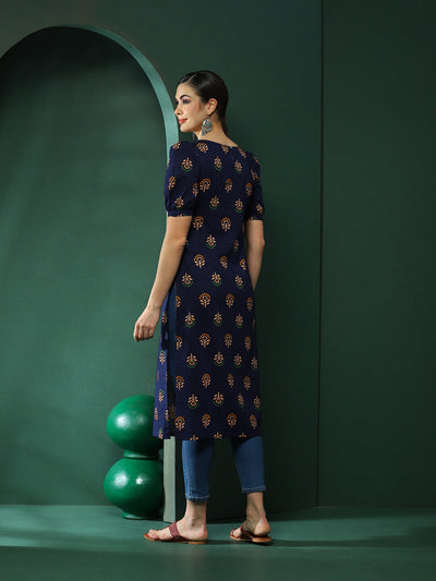 Navy Blue Floral Print Kurta