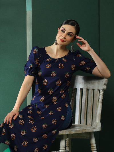 Navy Blue Floral Print Kurta