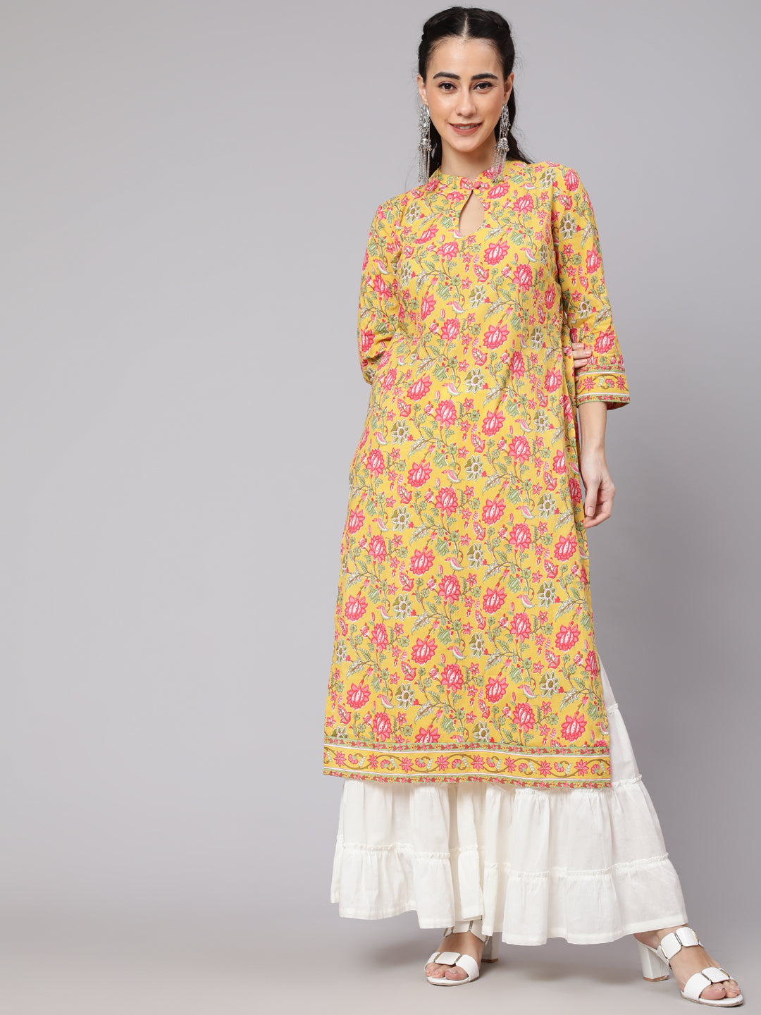 Yellow Floral Print Straight Kurta