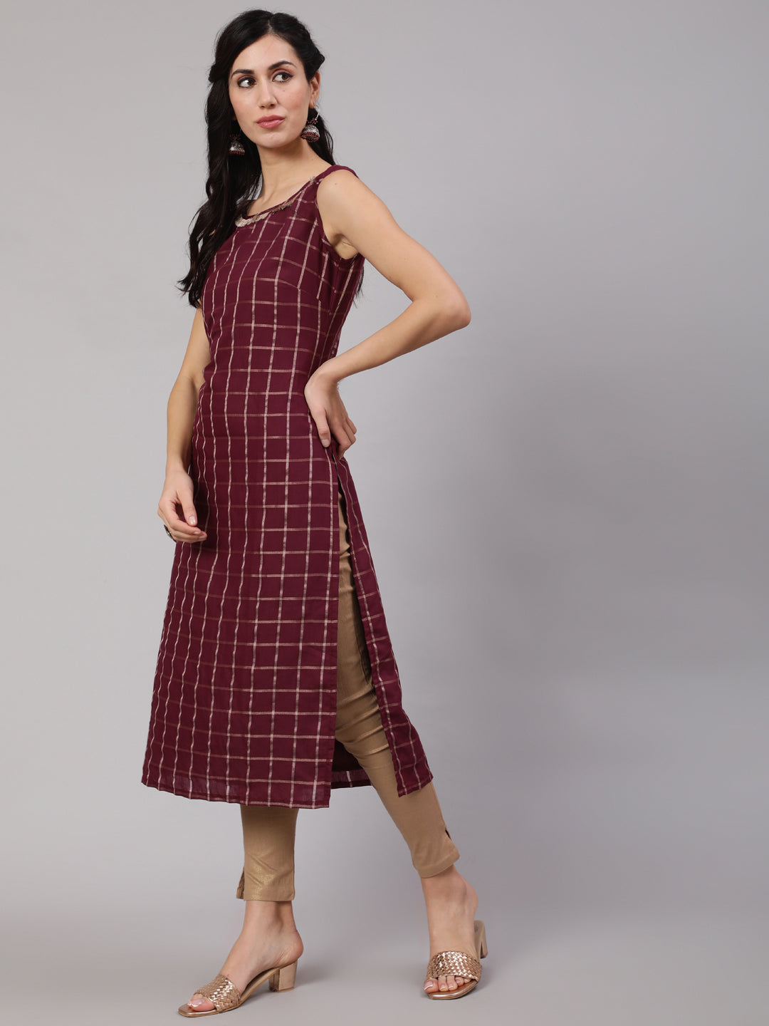 Burgundy Checked Kurta With Lace Details
