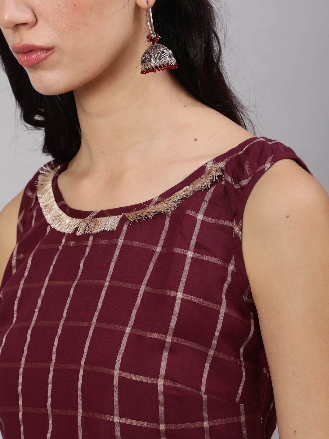 Burgundy Checked Kurta With Lace Details