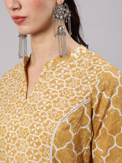 Mustard Printed A-Line Lurex Kurta