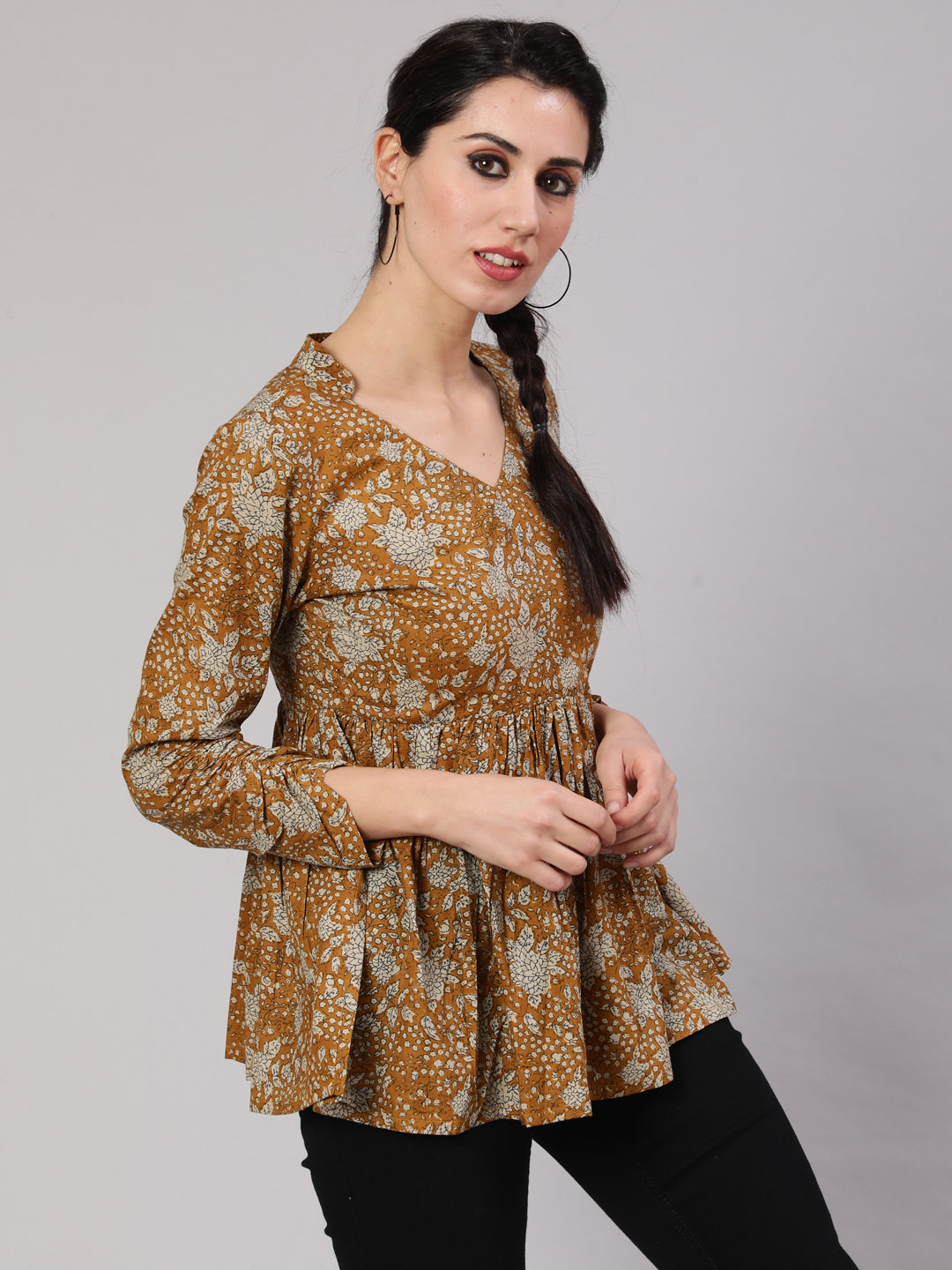 Mustard Floral Printed Gathered Tunic