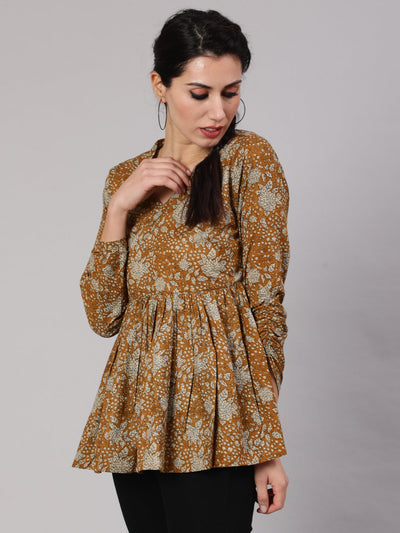 Mustard Floral Printed Gathered Tunic