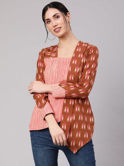 Brown Ikat Print Layered Top