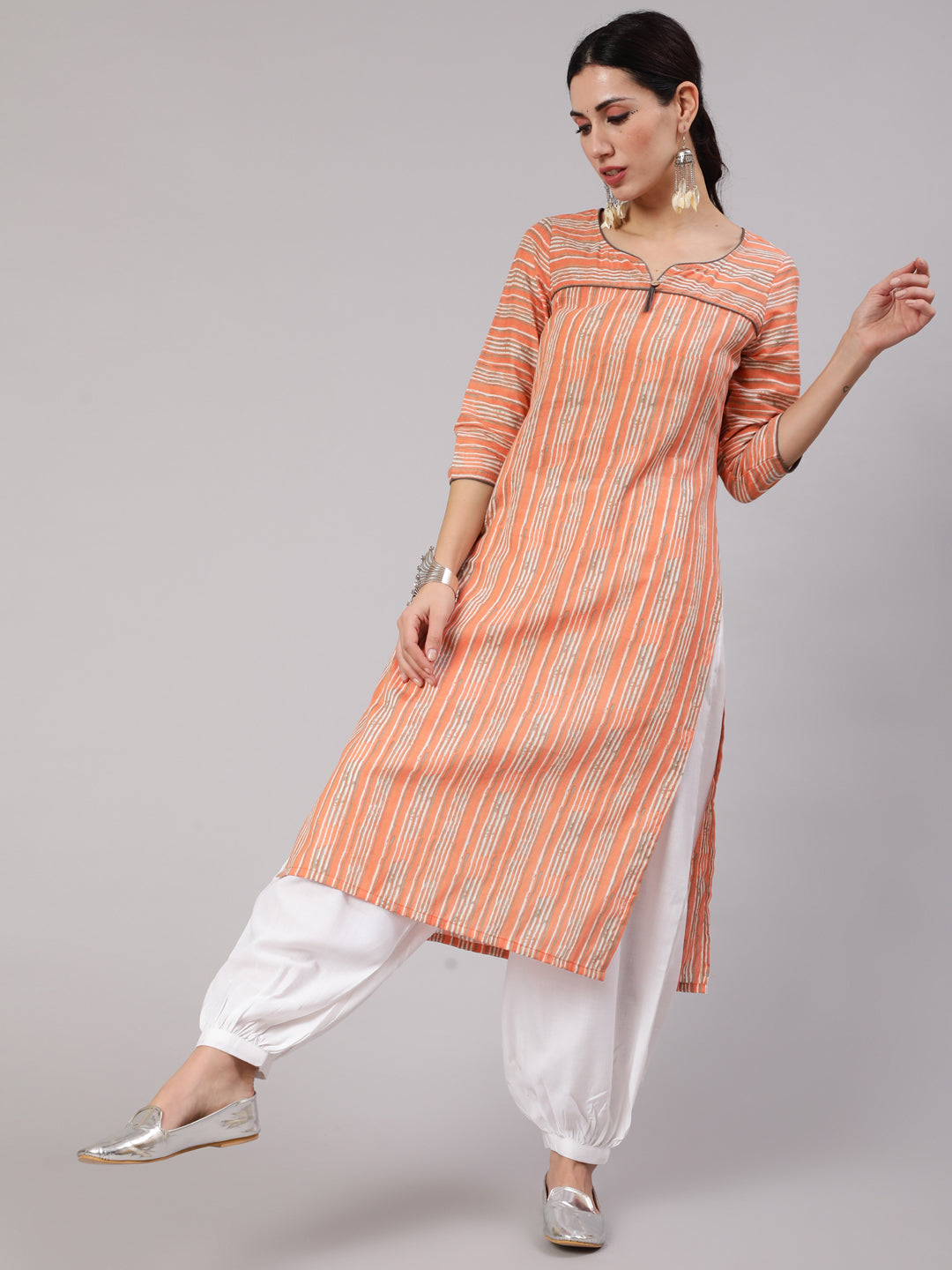 Peach Striped Straight Kurta