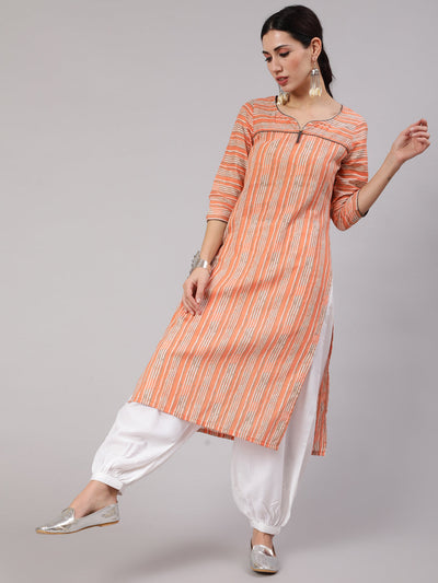 Peach Striped Straight Kurta
