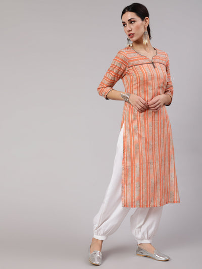 Peach Striped Straight Kurta