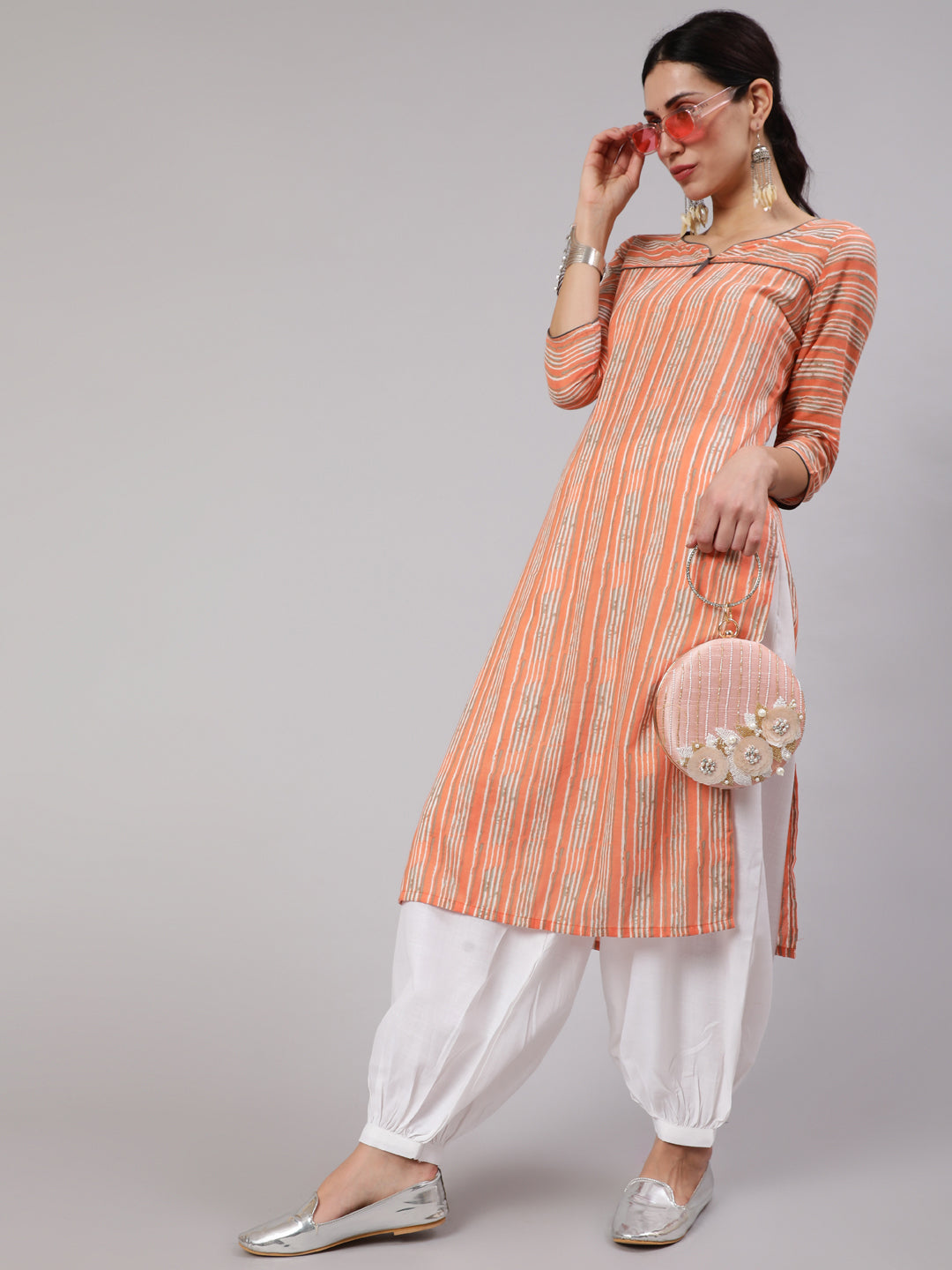 Peach Striped Straight Kurta