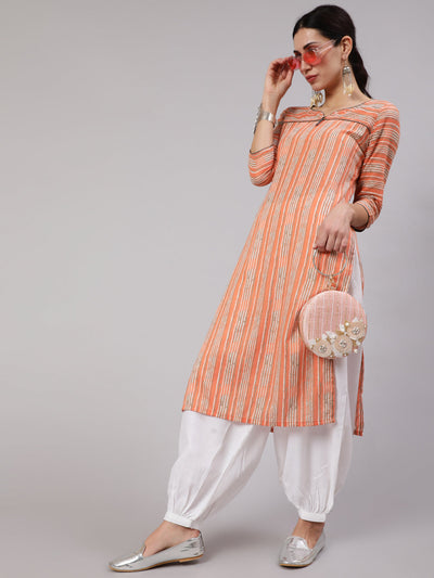 Peach Striped Straight Kurta