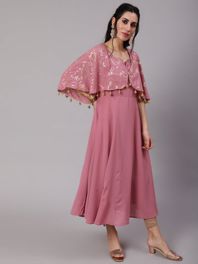 Mauve Foil Print Anarkali With Flared Sleeve