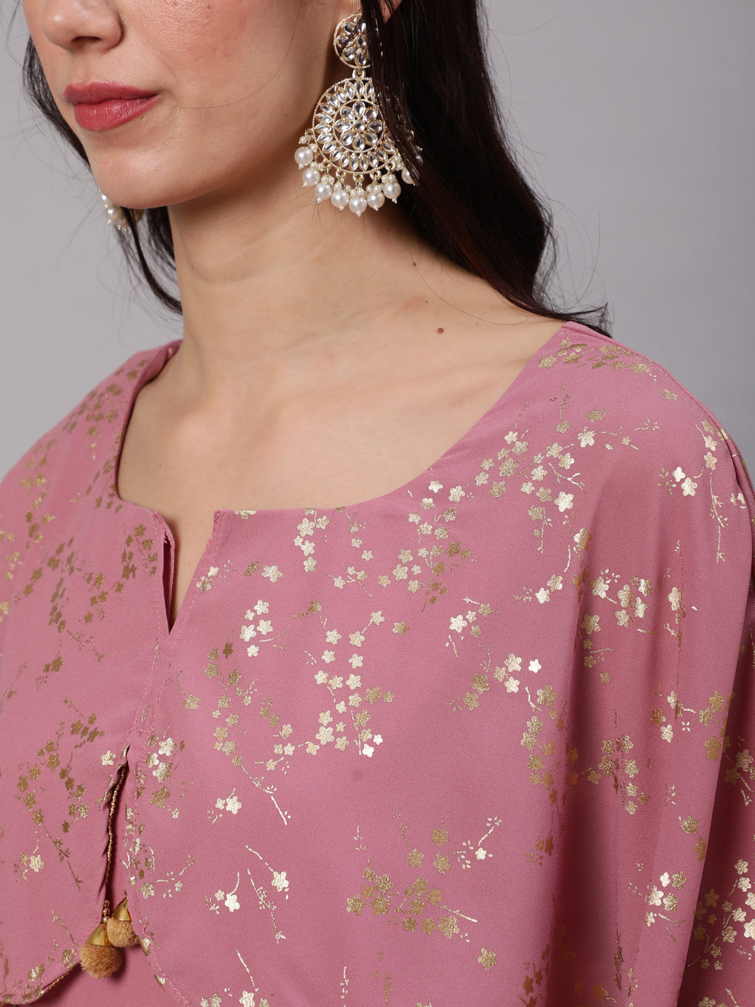 Mauve Foil Print Anarkali With Flared Sleeve