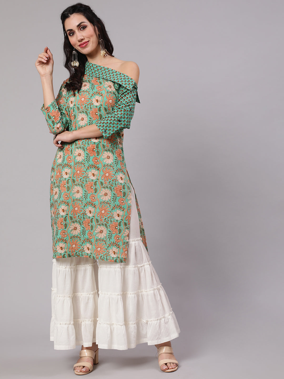 Green Floral Print One Shoulder Kurta