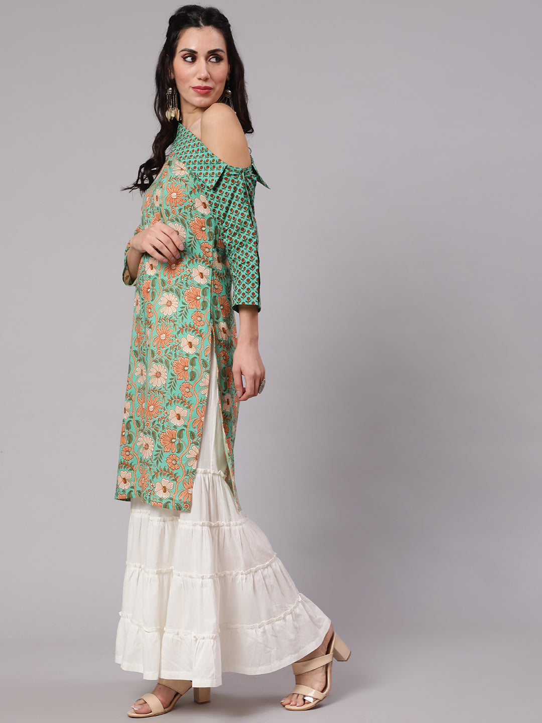 Green Floral Print One Shoulder Kurta