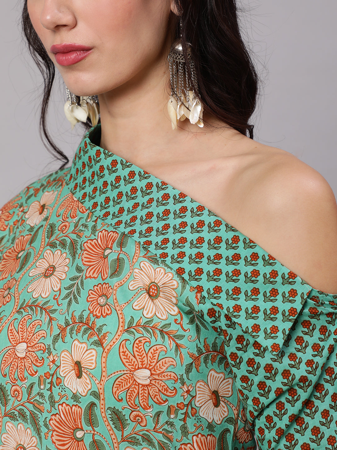 Green Floral Print One Shoulder Kurta